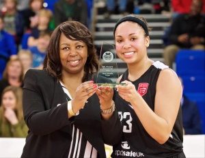 Jazmine Charles (right), of the Essex Blades Women's Basketball Team, is awarded Most Valuable Player trophy at the NBL National Cup Finals at the English Institute of Sport, Sheffield, South Yorkshire, United Kingdom, on January 24, 2016. Photo: Tony Sullivan